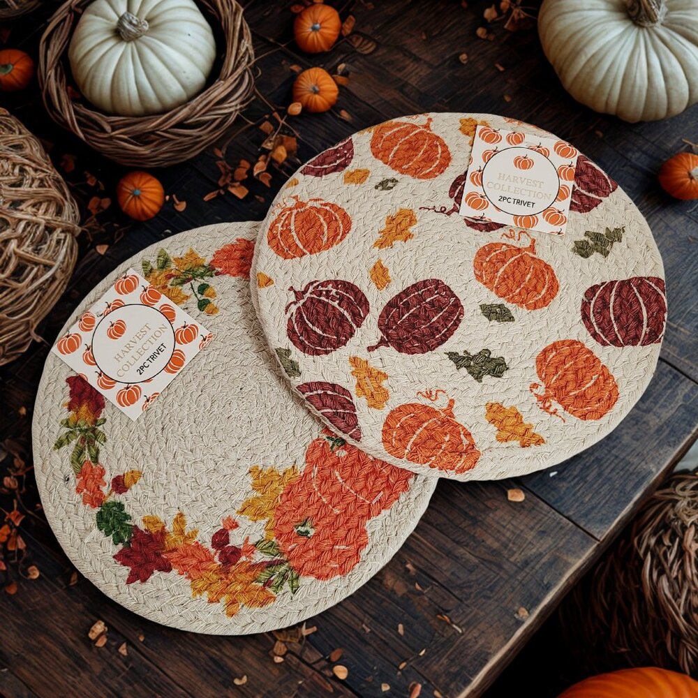 Harvest Collection Pumpkin & Fall Leaves Braided Trivets – 2 Sets (4 Total)